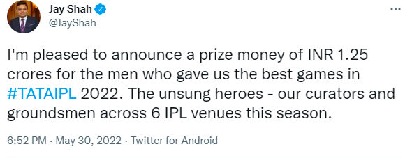 IPL 2022 Final: আইপিএল শেষ হতেই কোষাগার খুলল বিসিসিআই, ছ'টি স্টেডিয়ামের কিউরেটর এবং গ্রাউন্ডসম্যানদের জন্য বিরাট ঘোষণা !! 1