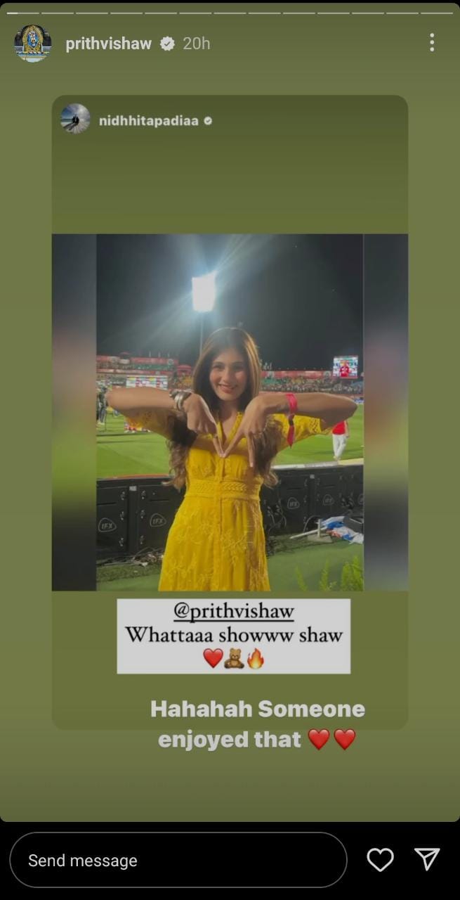 Prithvi Shaw, Nidhi Tapadia | IPL 2023 | image: Instagram