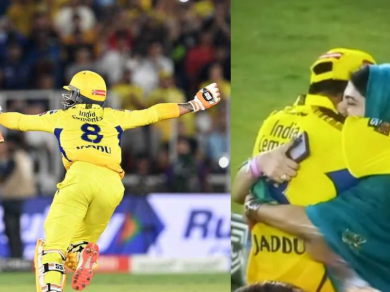 Ravindra jadeja hugs his wife rivava after winning the ipl final